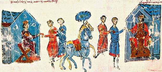 Царь Борис шлёт послов к императрице Феодоре. Миниатюра из Хроники Иоанна Скилицы, начало XIII века