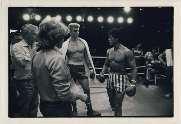 Sylvester Stallone and Dolph Lundgren on the set of Rocky 4