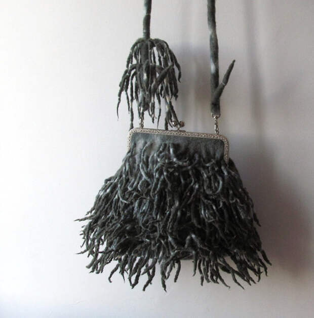 Felted handbag Grey  fringe  purse locks hand dyed