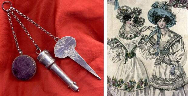 Слева очень ранний пример шатлена (1680 год) с подушечкой, комплектом иголок и наперстком, а также чехлом для ножниц. Справа иллюстрация из "Мира моды