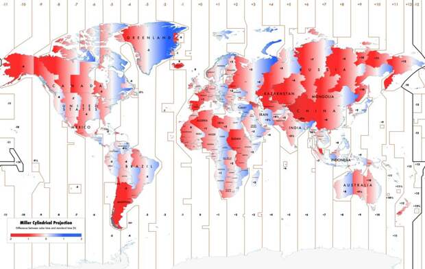 6. Карта несовпадения астрономического времени с временем на часах карта, мир