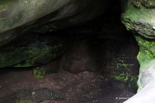 Уникальный светящийся мох на стенах пещеры в Чертовом городище
