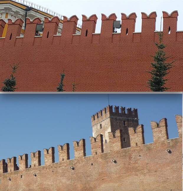 Вверху – стена московского Кремля, внизу – стена замка Кастельвеккьо (Верона, Италия) 