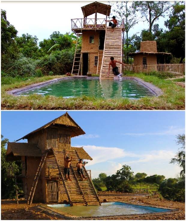 Девушка построила домик и бассейн вокруг, используя лишь примитивный инструмент