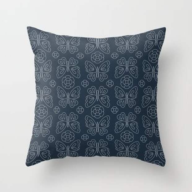 Japanese Sashiko Butterflies & Flowers Throw Pillow