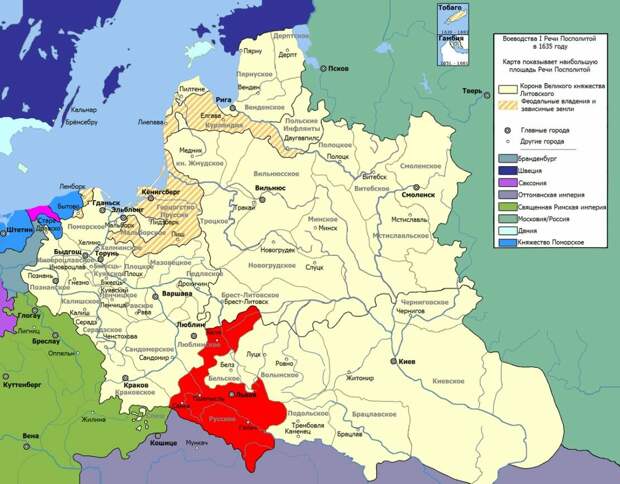 Местоположение Русского воеводства на карте Речи Посполитой в первой половине XVII века