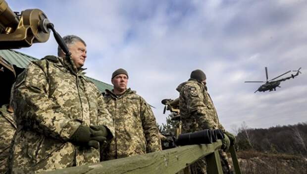 Президент Украины Петр Порошенко и командующий Десантно-штурмовыми войсками ВС Украины Михаил Забродский во время тактических учений десантно-штурмовых войск в Житомирской области. Архивное фото