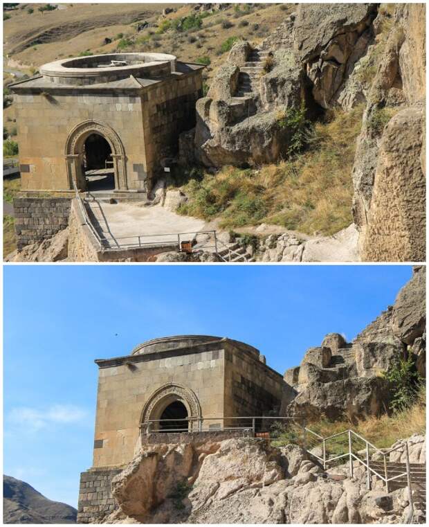 После масштабных восстановительных работ крепость превратили в монастырь и пристроили колокольню, выходящую за пределы скалы (Вардзиа, Грузия).