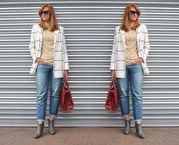 Black and white window-pane check coat, boyfriend jeans, grey booties