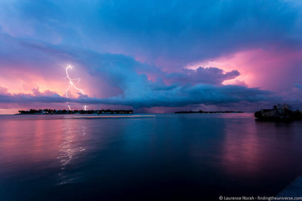 Blue pink photo of lightning at dusk