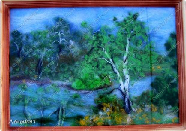 Картина панно рисунок Мастер-класс Валяние фильцевание Берёзовая роща у реки Шерсть фото 19