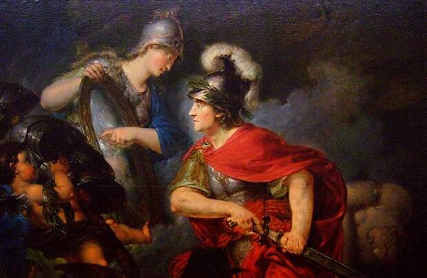 Афина вручает Персею зеркальный щит. Автор: Бернхард Роде.