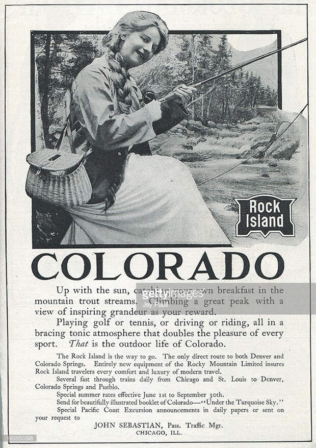 В рекламе железной дороги Rock Island изображена женщина, которая ловит рыбу в Колорадо, 1907. америка, история, реклама
