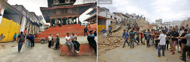 Волонтеры помогают собрать обломки трехэтажного храма в Катманду. землетресение, непал, памятники, разрушение, тогда и сейчас
