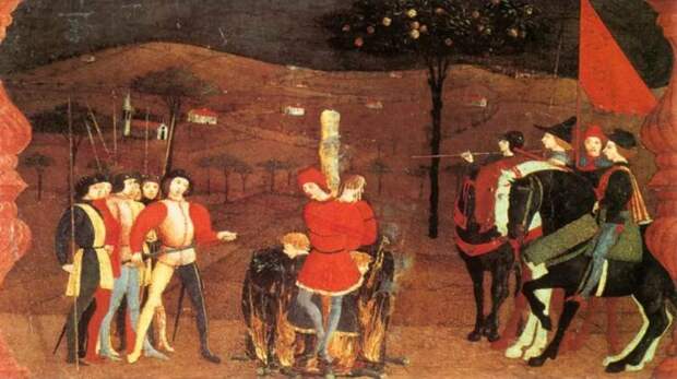 Паоло Уччелло, «Легенда о причастии. Еврейского купца с семьей сжигают на костре», 1460-е гг.