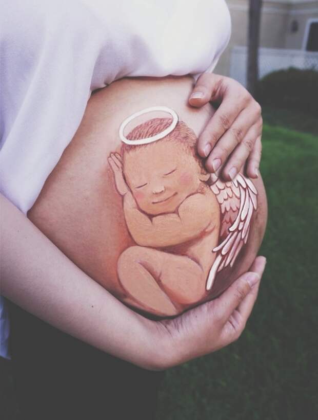 Будущая мама рисует на животе восхитительные картины с участием своего беременность, дети, живот, мама, рисунок, художница