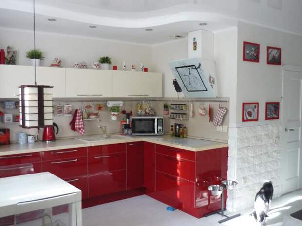 Кухня-студия, красно-белая кухня