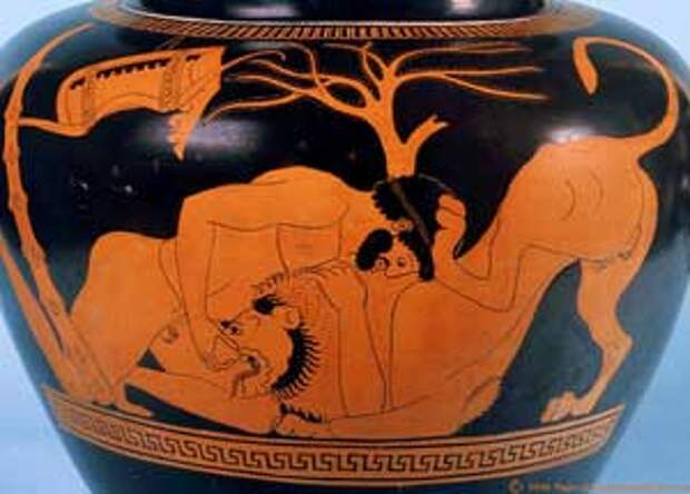 Геракл борется со львом. Рисунок на вазе. V в. до н.э. 