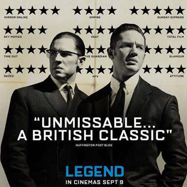 Here is a poster for Legend, a film starring Tom Hardy as Ronnie Kray and which also stars Tom Hardy as Reggie Kray.
