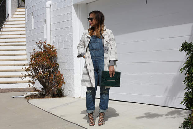 Rossana Vanoni denim overall trench coat and Dolce Vita sandals
