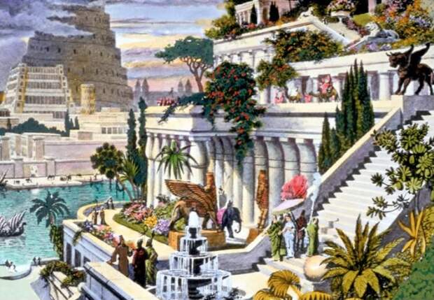 На этой гравюре ручной работы (приблизительно XIX век, после первых раскопок в ассирийской столице) изображены легендарные Висячие сады с Вавилонской башней на заднем плане