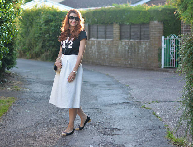 Graphic Adidas t-shirt, white midi, pointed flats