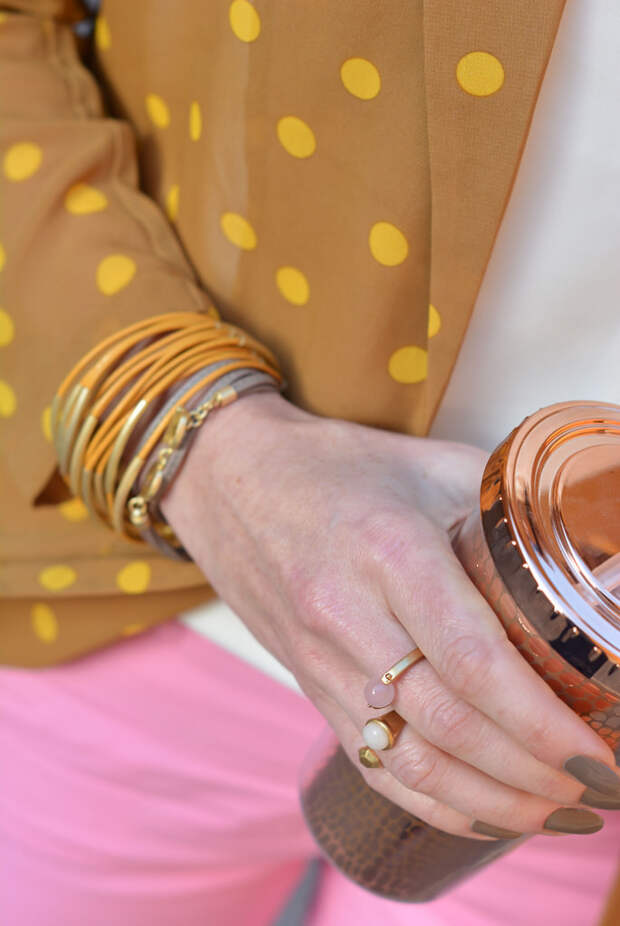 Springtime brights: Mustard polka dot blazer, pink chinos, taupe mules