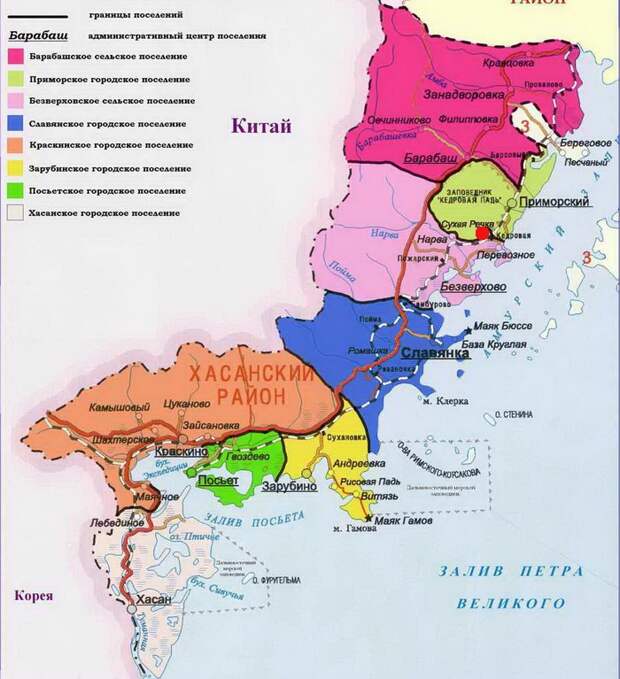 Карта приморского края хасанского района с дорогами и населенными пунктами