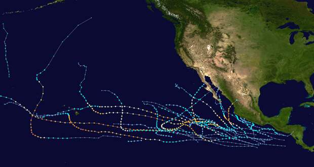 a map showing all the major 2018 storms that trekked across the Eastern Pacific to North America's West Coast