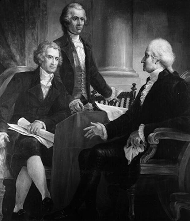 Первый президент США Джордж Вашингтон совещается с министрами