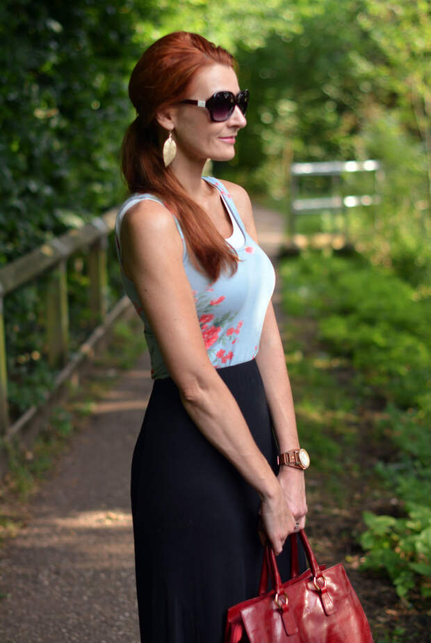 Black maxi, floral tank, strappy flats | Not Dressed As Lamb