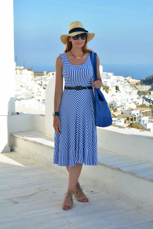 Blue and white striped dress in Santorini | Not Dressed As Lamb