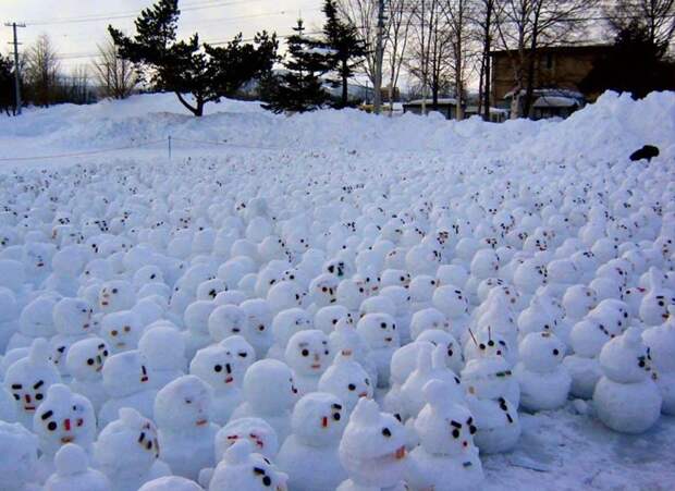 Или построить себе вот такую армию снеговиков. зима, прикол, чудаки, юмор