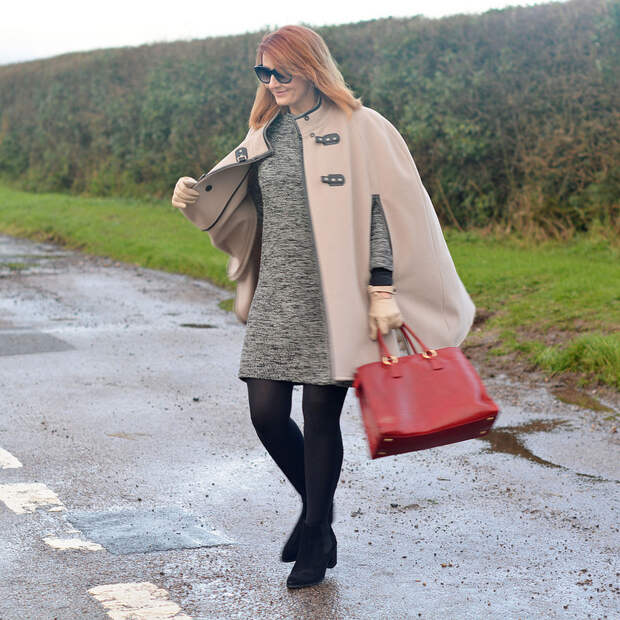 Winter Style | Camel cape, sweater dress, red tote, black tights