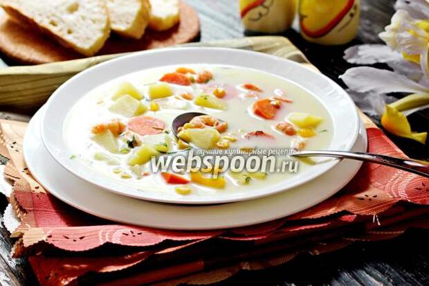 Фото Сырный суп с креветками и кукурузой