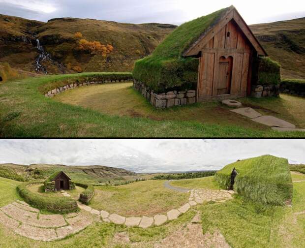 Исландская копия часовни викингов. Деревянная церковь , которая стоит рядом со средневековым домом, является реконструкцией типичной исландской средневековой часовни зелёные крыши, экологичный дом