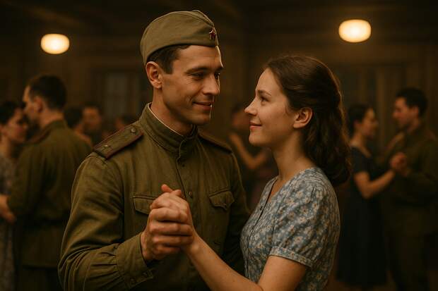 Лето 1944 года, сельский клуб в освобождённой деревне. Тусклый свет ламп, деревянные стены. Солдаты в гимнастёрках танцуют с девушками в ситцевых платьях.