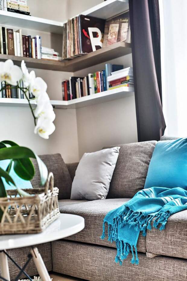 Милый диван с голубым покрывалом в квартире