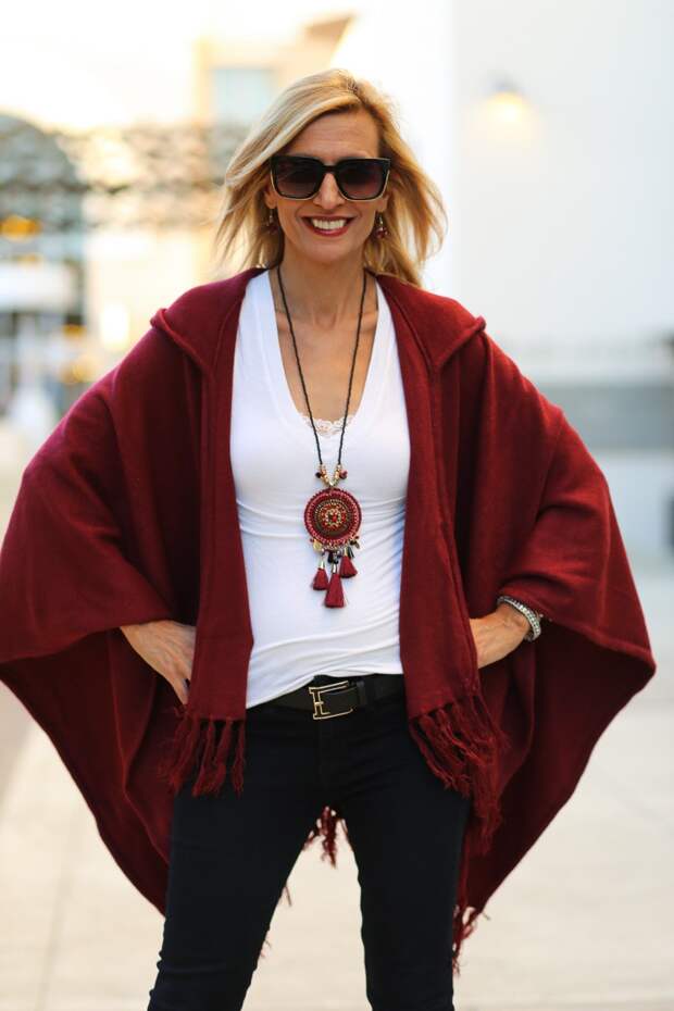 Jacket-Society-Merlot Hooded Poncho With Fringe-9728