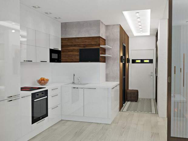 Дизайн квартиры для холостяка, белая кухня
