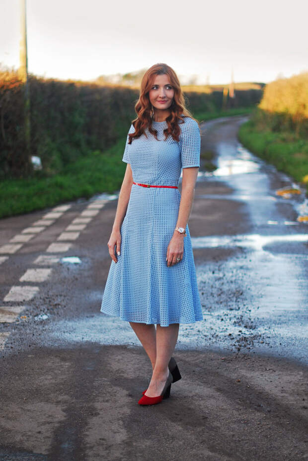 Pale blue fit-n-flare eyelet dress