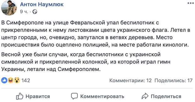 В Симферополе упал беспилотник с жёлто-голубыми листовками В Симферополе упал беспилотник с жёлто-голубыми листовками