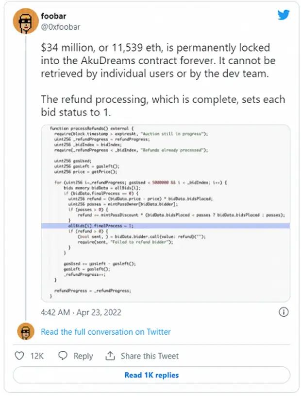 Из-за ошибки в коде пользователи голландского аукциона NFT-проекта AkuDreams лишились 11 539 ETH