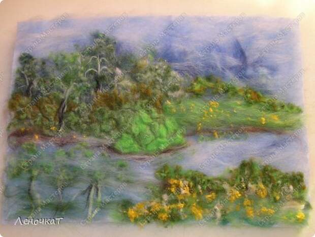 Картина панно рисунок Мастер-класс Валяние фильцевание Берёзовая роща у реки Шерсть фото 14