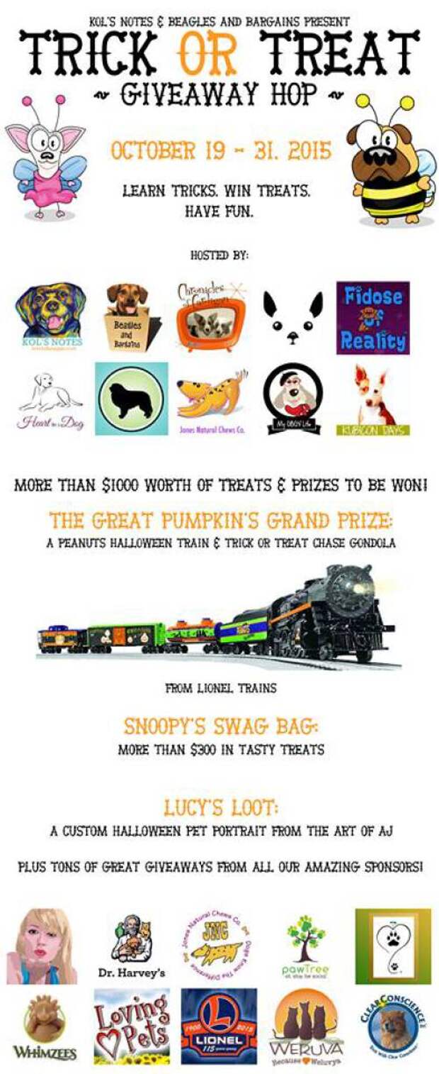 Join us for a fun giveaway hop! Each day you will learn a trick and be entered into a treat giveaway! Great prizes for you and your dog!