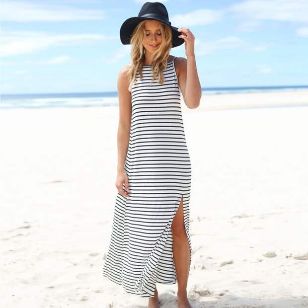 Color-Block-Striped-Dress-Plus-Size-Backless-2015-Summer-Women-Beach-Dress-High-Slit-Female-Maxi