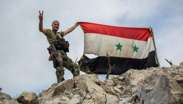 Военнослужащий правительственной армии Сирии с флагом страны. Архивное фото