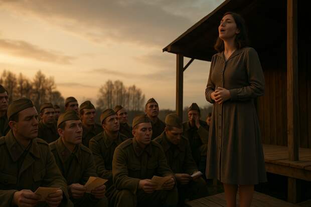 Фронтовой концерт, 1942 год. На небольшой деревянной сцене под открытым небом выступает артистка фронтовой бригады, поёт “Жди меня”. Перед ней сидят и стоят советские солдаты в шинелях и пилотках.