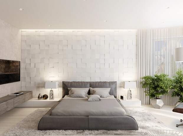 Хорошее решение для комфортного декорирования комнаты с помощью оформления стены в светло-сером цвете.