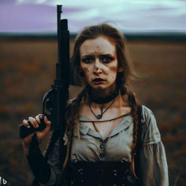 Нейросеть Bing, рисующая картинки по словам. Девушка с фиолетовыми глазами стоит на поле и держит ружье по версии нейросети Bing. Нейросеть Bing, рисующая картинки по словам. Девушка с фиолетовыми глазами стоит на поле и держит ружье по версии нейросети Bing. Фото.